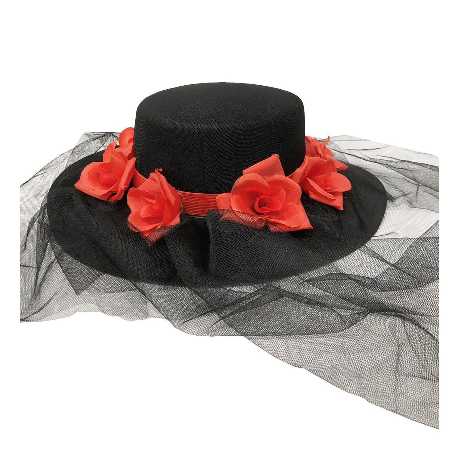 Day of the Dead Skeleton Adult Costume Gaucho Hat with Red Roses and Veil