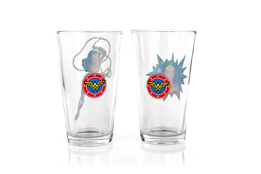 DC Wonder Woman Pint Glass Set | Two Action Packed 16-Ounce Cups | Set Of 2