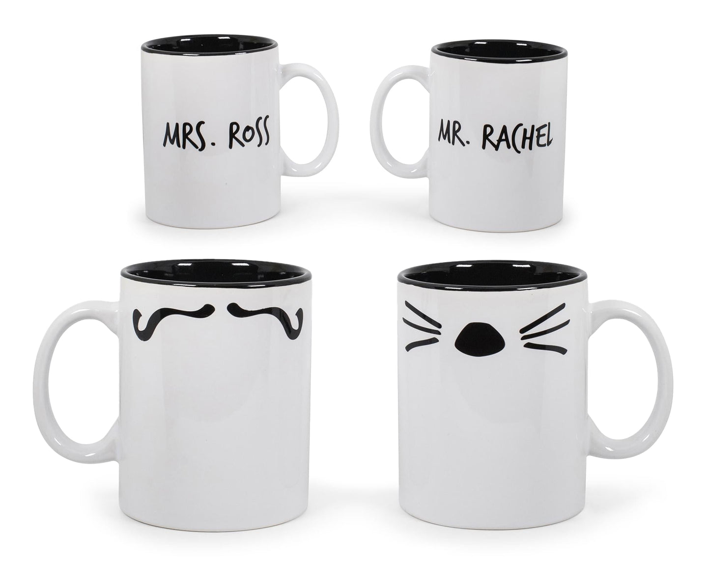 Friends Mr. Rachel Whiskers and Mrs. Ross Moustache Double-Sided Mugs | Set of 2