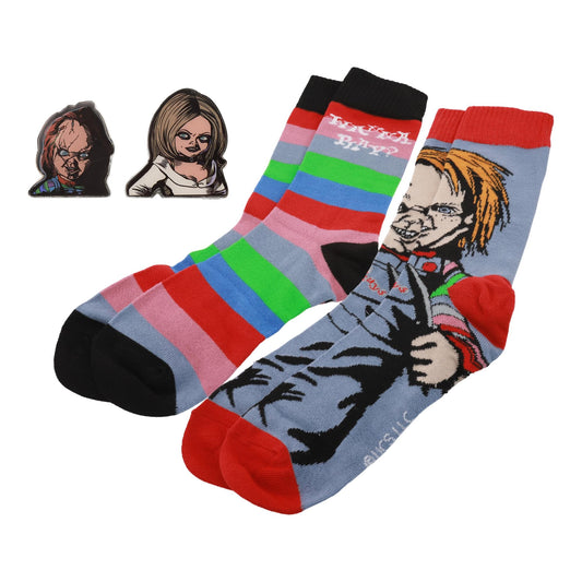 Child's Play Chucky and Tiffany Enamel Pins and Sock Bundle